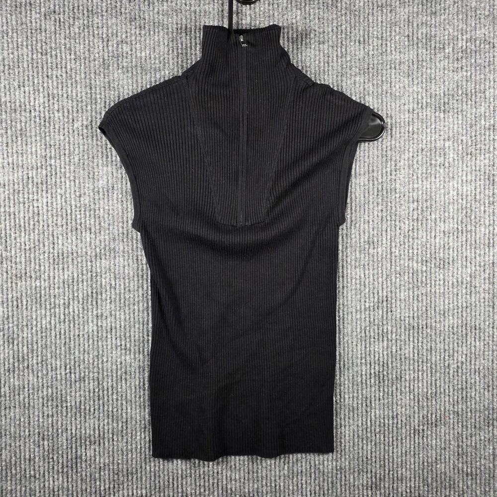 Elliott Lauren Ribbed Knit Mock Neck Zip Top Black Cap Sleeve S